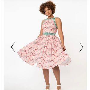 Mid-century inspired dress with super cute mushroom print and green gingham trim